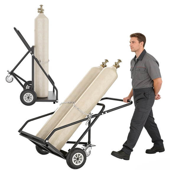 Heavy Duty Gas Cylinder Cart with Auxiliary Wheel - Dual Oxygen Acetylene Dolly & Welding Tank Hand Truck with Secure Chain, Triangular Structure & All-Terrain Tires