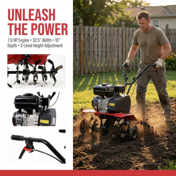 Heavy Duty Gas Garden Tiller, 7HP 212CC Engine, 32.5in Wide 10in Deep Cultivator with 6 Blades for Soil Preparation