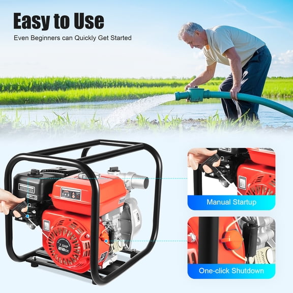 Heavy Duty Gas Water Pump 7.5HP - 98.4ft Lift, 25m/h Flow, 4-Stroke Engine for Agriculture, Flood Control, Pool Drainage