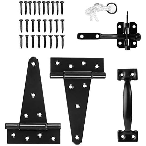 Heavy Duty Gate Latch Door Handle Hardware Kit for Wooden Fence, Self-Closing Gate Latch with Pull String, Decorative Metal Gate Pull Handle, 2 Pack 6in T-Strap Gate Hinges, Black Finish