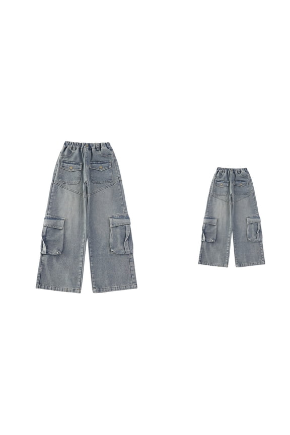 Heavy Duty Girls' Cargo Jeans with Flap Pockets, Wide Leg & Split Hem Boyfriend Denim Pants with Contrast Panels for and Big Kids