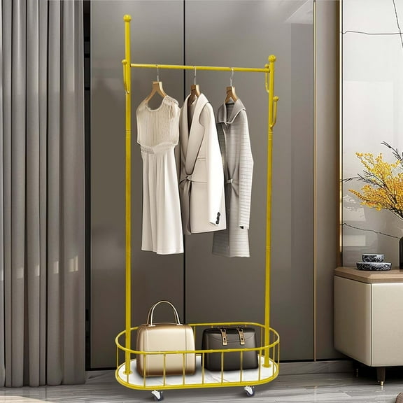 Heavy Duty Gold Metal Clothes Rail with Wheels - 80 x 32 x 171 cm Clothes Racks Clothing Rail with Hollow Storage Shelf for Home Bedroom Balcony