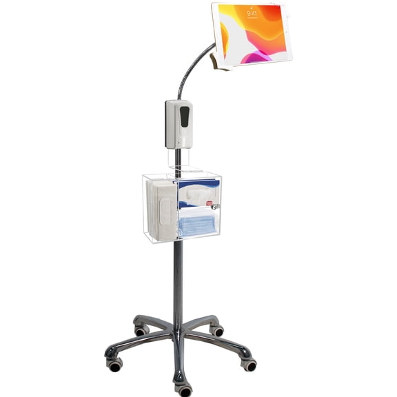 Heavy-Duty Gooseneck Floor Stand for 7-13 Inch Tablets with Sanitizing Station & Automatic Soap Dispenser