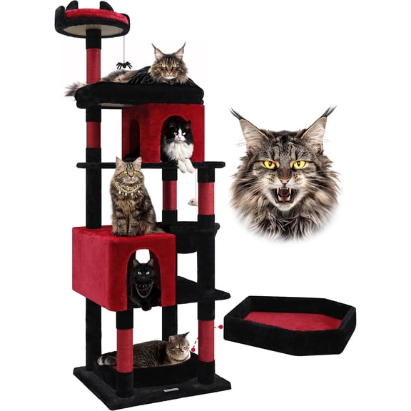 Heavy Duty Gothic Tree, 72in Large Tower with Coffin Bed, Sturdy Maine Coon Tree for Large Cats 20 lbs+, Medieval Castle Style with 6 Posts & Hammock, S72, Black & Red