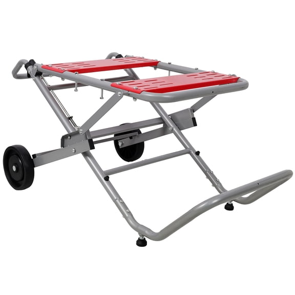 Heavy Duty Gray Rolling Foldable Table Saw Stand with 8 Inch Wheels and Adjustable Height for Woodworking Projects