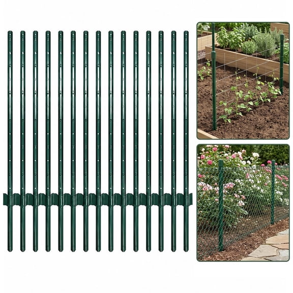 Heavy Duty Green Metal U-Channel Fence Posts – 15 Pack with Anchor Plates – No Dig, Rust Resistant, Outdoor Support for Garden, Yard, Wire Fencing – Green – 5Ft (152.4CM)