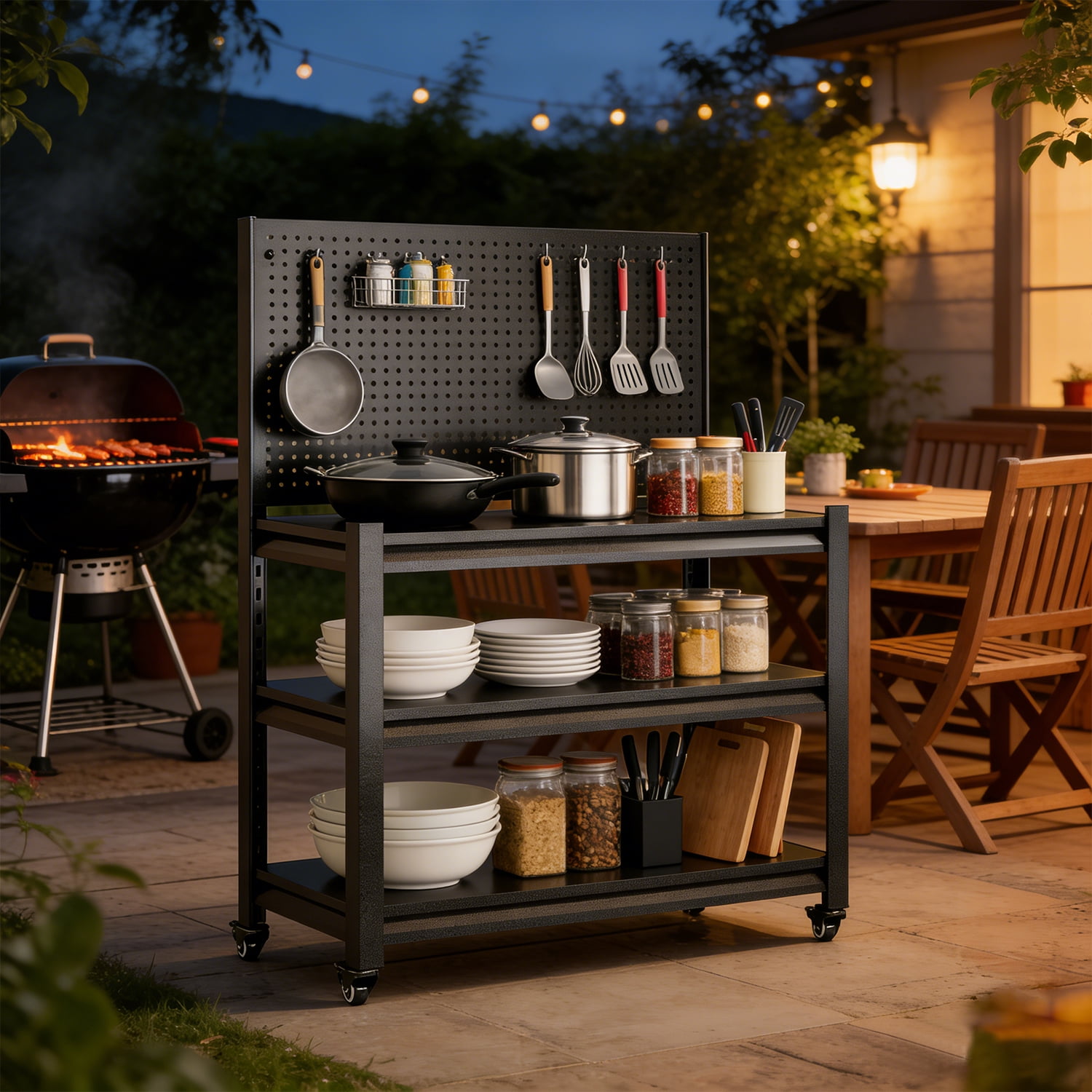 Heavy-Duty Grill Cart with 3-Tier Storage and Pegboard for BBQ
