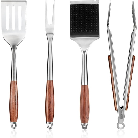 Heavy-Duty Grilling Accessories Rose Wooden BBQ Grilling Tools Set,Outdoor Grill Set with Spatula, Fork, Brush & Tongs,Essential Accessories for Barbecue & Grill. Ideal Gift for Men