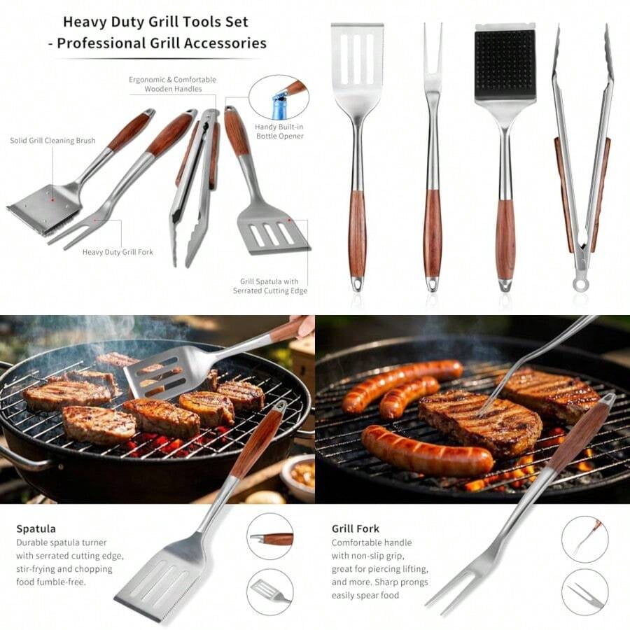 Heavy-Duty Grilling Accessories Rose Wooden BBQ Grilling Tools SetOutdoor Grill Set With Spatula Fork Brush And Tongs Essential Accessories For Barbecue And Grill. Ideal Gift For Men