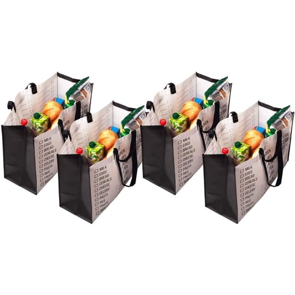Heavy-Duty Grocery Bags Reusable Foldable Pack of 4 Double Handles Big Washable Tote Extra Large with Shopping List Pattern