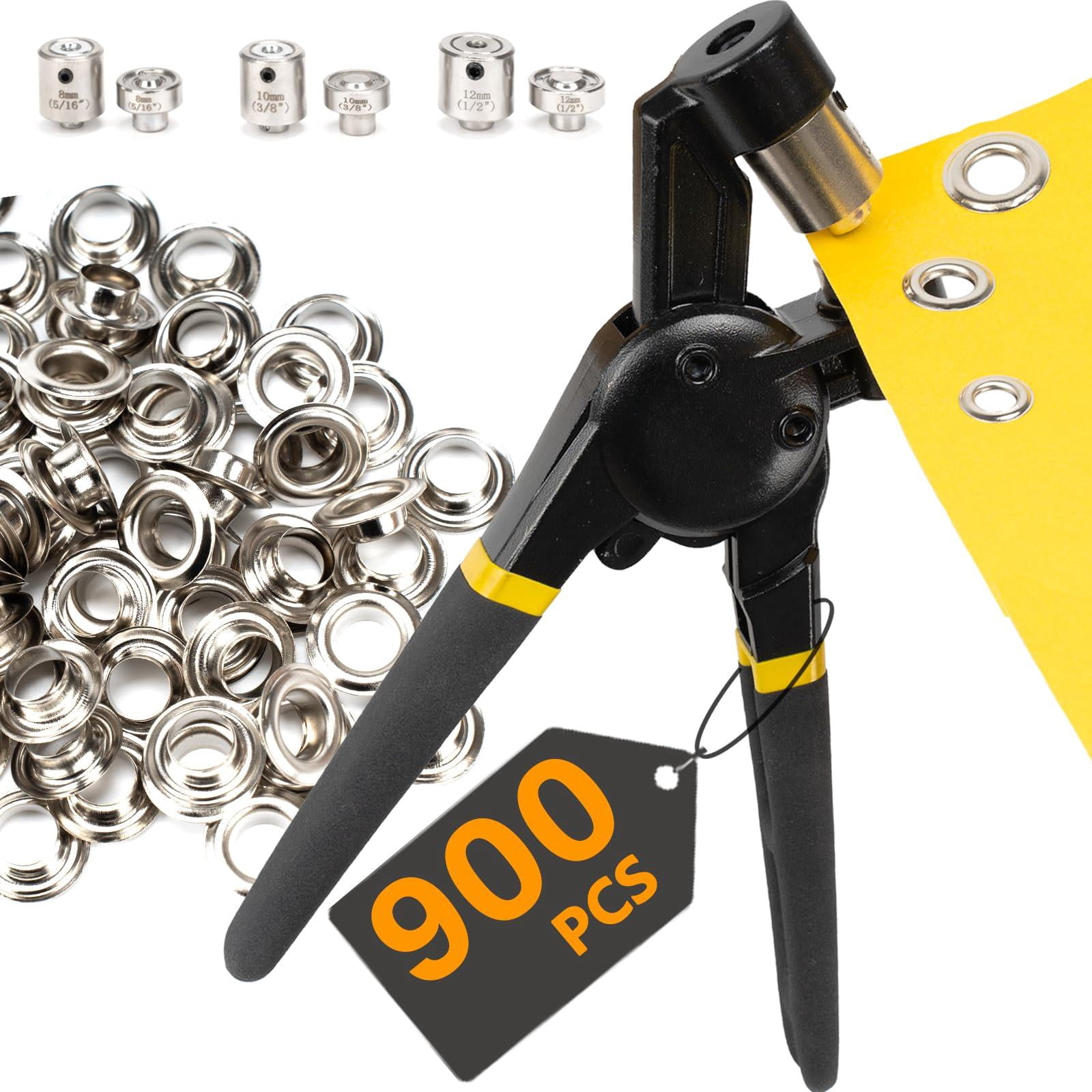 Heavy Duty Grommet Tool Kit Of 1/2" 5/16" And 3/8" Multi Size Handheld Eyelet Plier Rivet Press With 900 Grommets For Tarp Leather Fabric