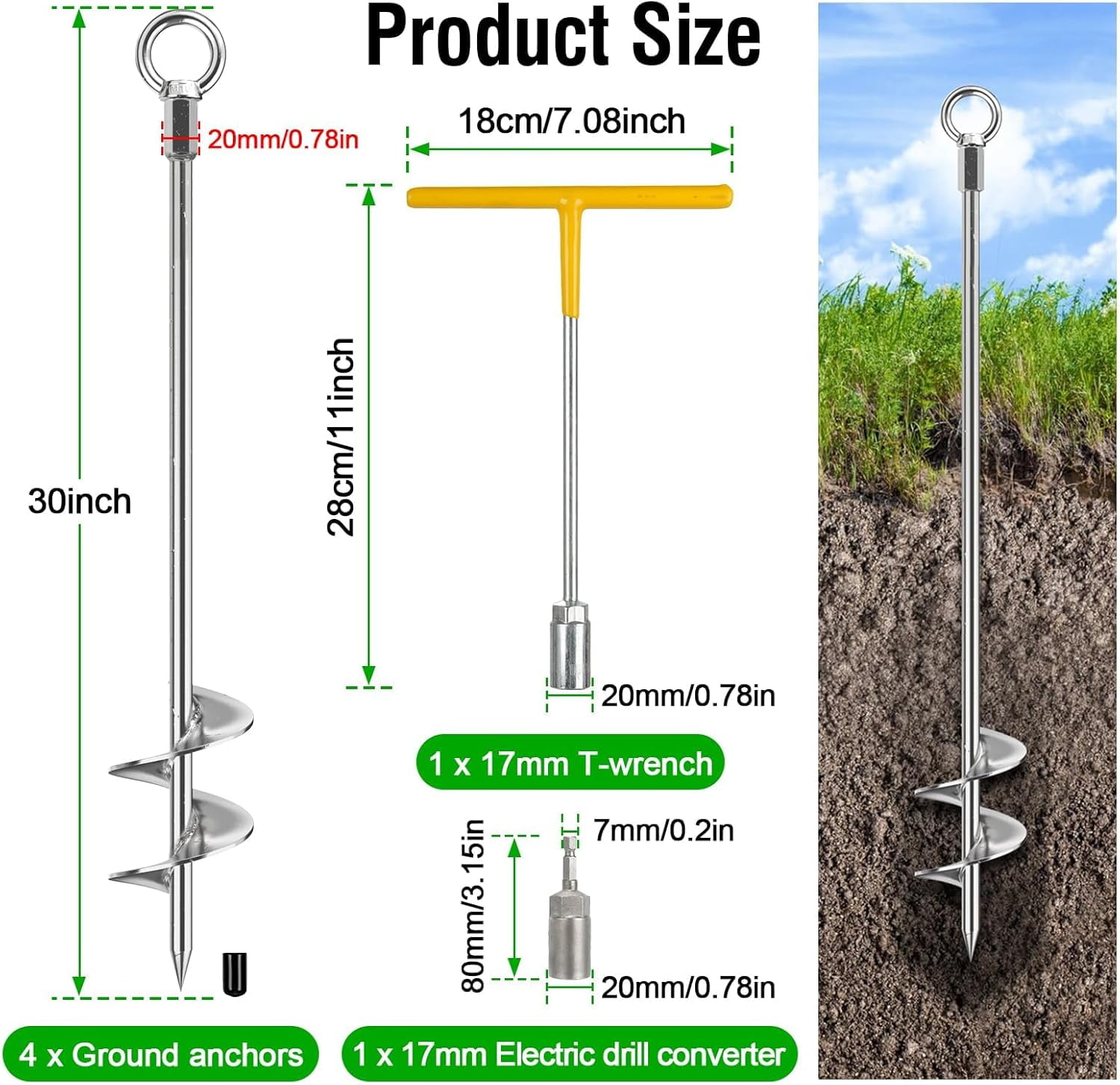 Heavy Duty Ground Anchors 4 Pack with T-Wrench - Solid Steel  Stakes for Tents Sheds