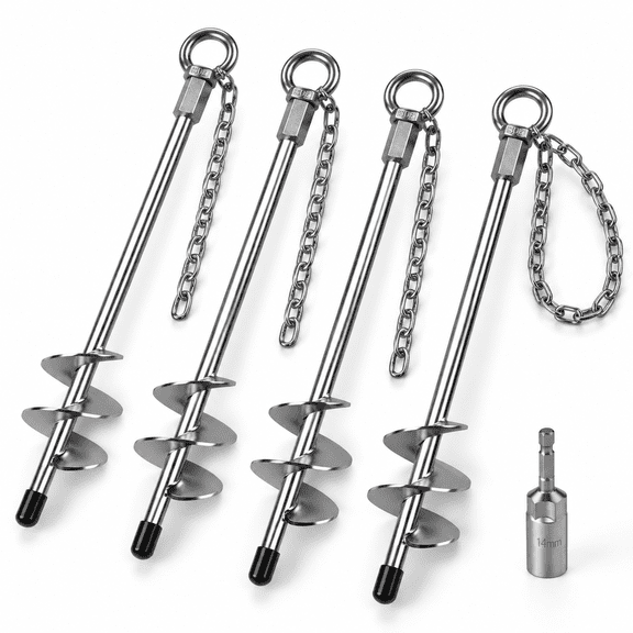 Heavy Duty Ground Anchors With Straps - 18'' Screw In Earth Anchor Kit 4 Pack 12mm Solid Carbon Steel Auger Chrome Plated For Tra