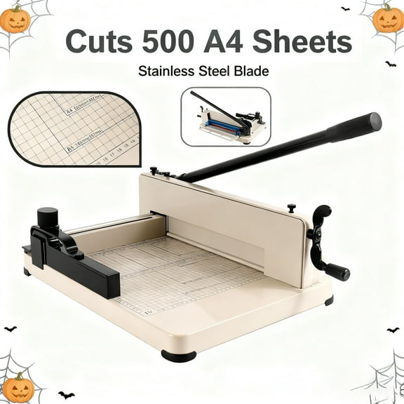 Heavy Duty Guillotine Paper Cutter, Stack Paper Trimmer A4-12'' Paper Cutter, 500 Sheet Capacity, High Speed Steel, Safety Lock, Anti-Slip Clamp, for Office Home & Cutting Paper, Polyester