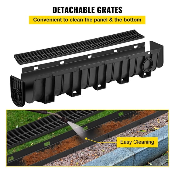 Heavy-Duty HDPE Channel Drain Kit, 5.9x7.5-Inch Driveway and Garage Floor Drain System with Grate, Includes End Caps, 4-Pack for Outdoor and Patio Use