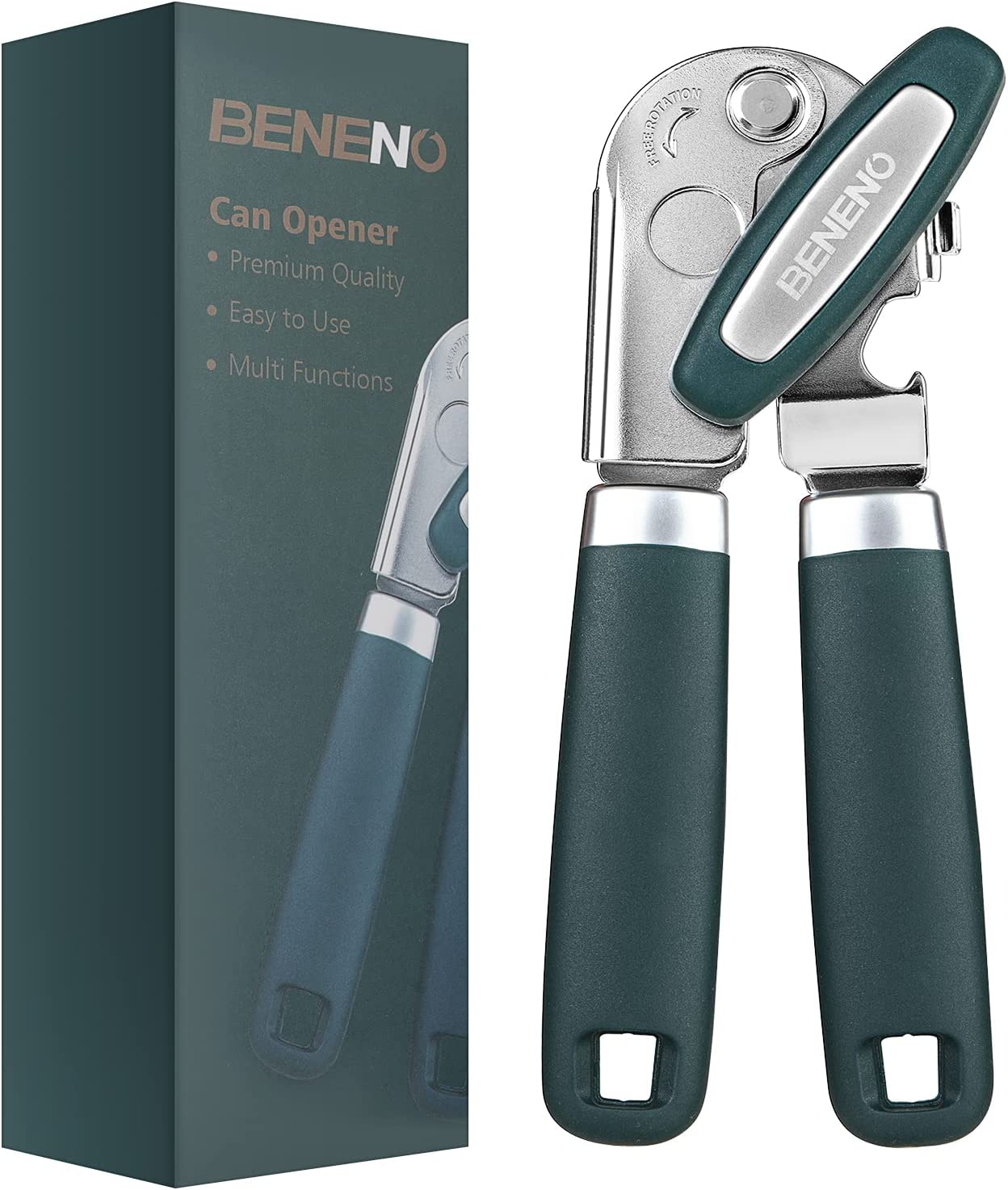 Heavy Duty Hand Can Opener Manual with Magnet, Durable Sharp Carbon Steel Blade Smooth Cutting, Big Effort-Saving Knob & Soft Grip Handle, Multifunctional Kitchen Tool Bottle Opener, Green