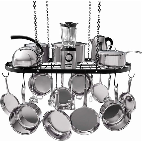 Heavy-Duty Hanging Pot Rack - 33x17 Inches - Stylish Black Alloy Steel Ceiling Storage with 15 Hooks - Organize Kitchen Cookware and Utensils - Space-Saving Mounted Overhead Holder