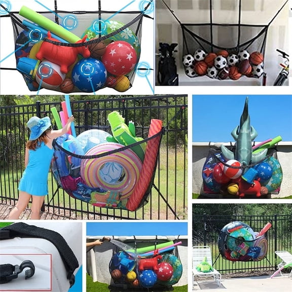 Heavy Duty Hanging Storage Net Bag for Swimming Pool Large Mesh Toy Organizer for Inflatable Floats and Backyard Supplies