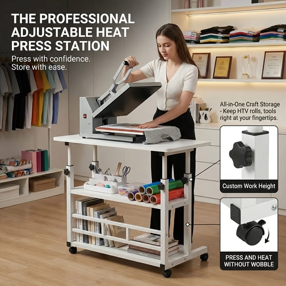 Heavy-Duty Heat Press Workbench with Wheels, 3-Tier Height Adjustable Rolling Craft Station, Mobile Worktable Cart with Storage Shelves for Sublimation & HTV Accessories