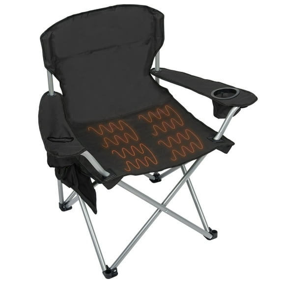 Camp & Go Heavy-Duty Heated Quad Outdoor Camping Chair, Folding Heated Chair with 18" USB Cable, Storage Compartment, and Cup Holder, Black