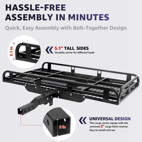 Heavy Duty Hitch Cargo Carrier with Ramp, 1250 lbs Black Steel Rear Cargo Rack with Reflectors, Foldable Wheelchair Scooter Carrier with 2" Receiver for SUV Truck