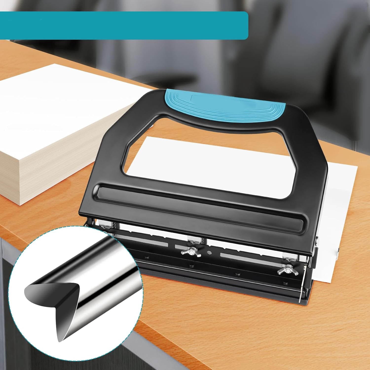 Heavy Duty Hole Punch, 50-Sheet Capacity, Reduced Effort, Adjustable Two & Three Hole, Metal Paper Puncher with Large Chip Tray and Metal Paper Guide, Black, HP18