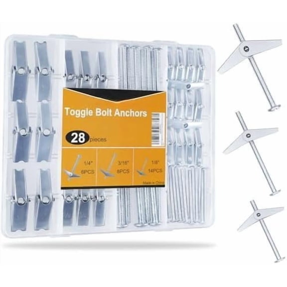 Heavy Duty Hollow Wall Anchors for Drywall Ceiling, Toggle and Wing Nut Kit, 28 count Metal Drywall Anchors and Screws Assortment Set, 3 Sizes Butterfly Anchors for 1/8, 3/16, 1/4