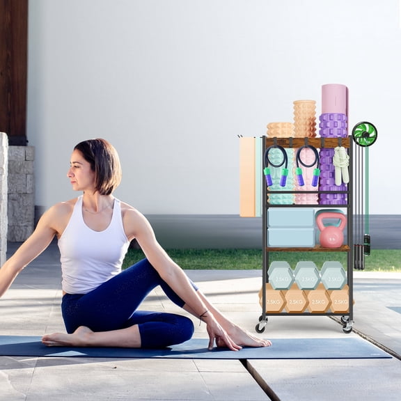 Heavy Duty Home Gym Storage Rack, 3-Tier Workout Equipment Organizer with Hooks & Wheels for Dumbbells, Kettlebells, Yoga Mats & Fitness Gear