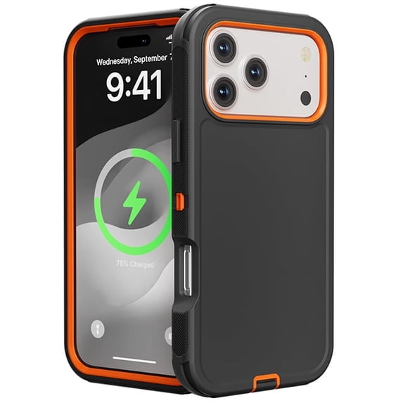 Heavy Duty Hybrid Defender Rugged Case for iPhone 17 Pro Max with Holster Belt Clip - Black/Orange
