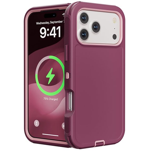 Heavy Duty Hybrid Defender Rugged Case for iPhone 17 Pro Max with Holster Belt Clip - Burgundy/Light Pink