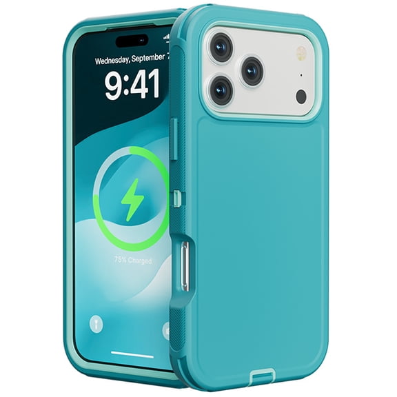 Heavy Duty Hybrid Defender Rugged Case for iPhone 17 Pro Max/18 Pro Max with Holster Belt Clip - Teal/Light Blue