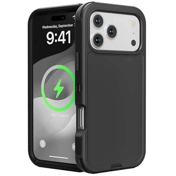 Heavy Duty Hybrid Defender Rugged Case for iPhone 17 Pro with Holster Belt Clip - Black/Black