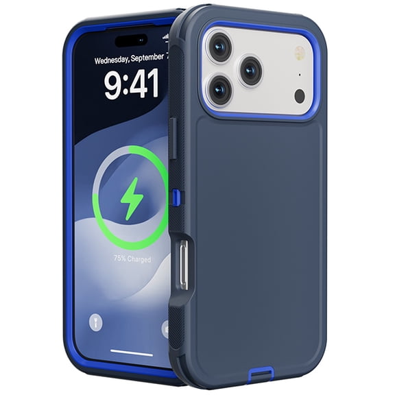 Heavy Duty Hybrid Defender Rugged Case for iPhone 17 Pro/18 Pro with Holster Belt Clip - Dark Blue/Blue