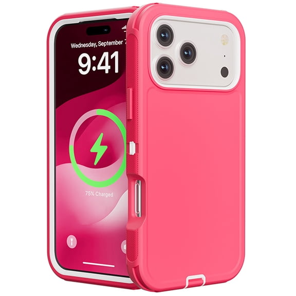 Heavy Duty Hybrid Defender Rugged Case for iPhone 17 Pro/18 Pro with Holster Belt Clip - Pink/White