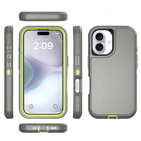 Heavy Duty Hybrid Defender Rugged Case for iPhone 17 with Holster Belt Clip - Gray/Green