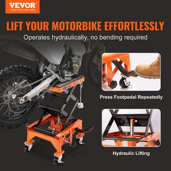Heavy-Duty Hydraulic Motorcycle Lift, 350LB Capacity Scissor Jack with 4 Wheels & J-Hooks, Wide Deck for ATV/Bikes