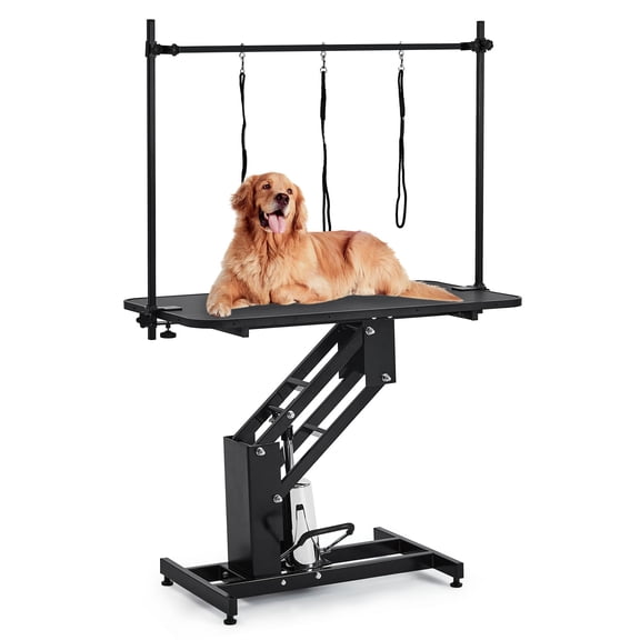 Heavy-Duty Hydraulic Pet Grooming Table 43.3 Inch, Height 22-39 Inch with Overhead Arm for Dogs