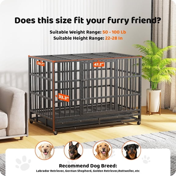 Heavy Duty Indestructible Escape-Proof Dog Crate 48 Inch for Large Dogs with Double Door and Lockable Wheels
