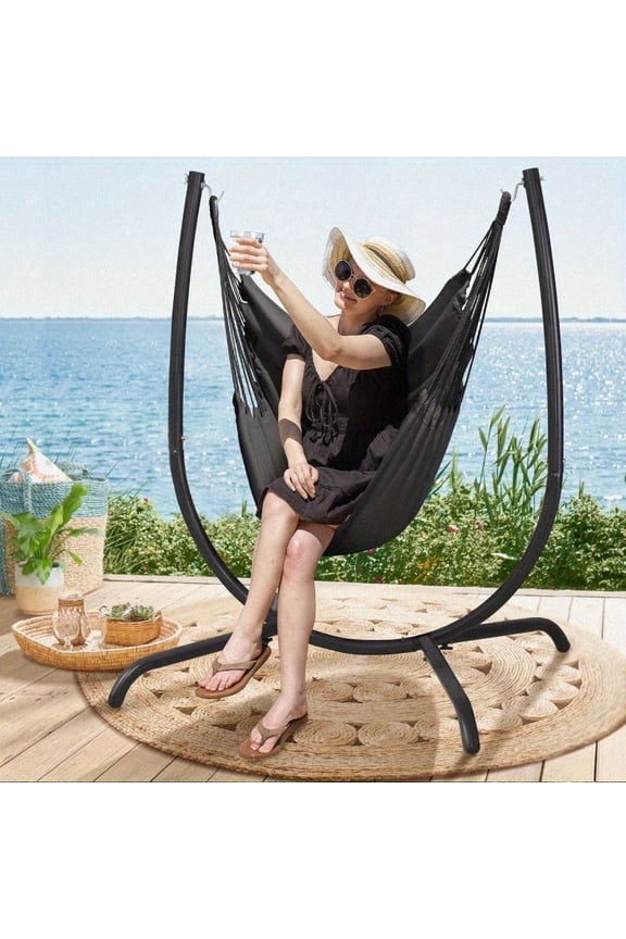 Heavy Duty /Indoor Patio Swing Chair with Stand - 330 lbs Capacity Large Hanging Chair with Canopy-like, Powder-Coated Frame & Poly- Fabric, Tool-Free Assembly, Dark Gray