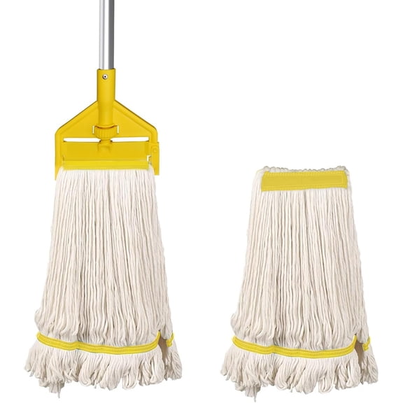 Heavy Duty Industrial Mop, Commercial Cotton Mop with 59 Inch Handle, Looped-End String Wet Mops with 2 Heads for Floor Cleaning, Workshop, Warehouse, Home and Garage