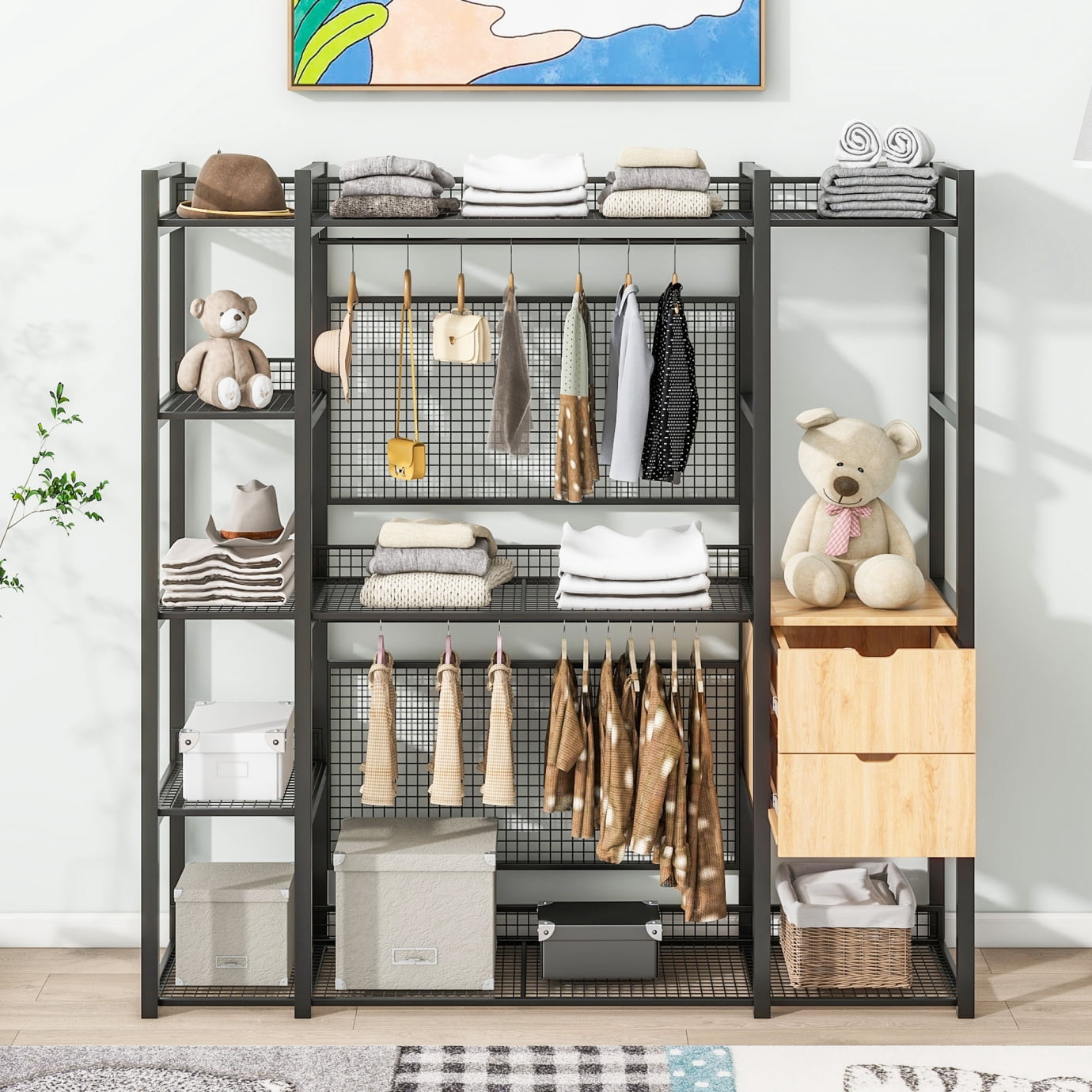 Dual Rack Shelves Heavy Duty Industrial-Style Metal & Wood Closet Wardrobe Rack with ...