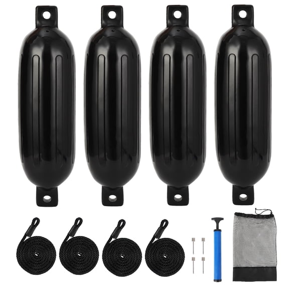 Heavy Duty Inflatable Boat Fenders 4 Pack – Marine Bumpers for 10-35ft Boats, Pontoon, Yacht, Narrowboat & Dock – Complete Kit with 4 Ropes, Hand Pump & Storage Bag – 4.5×16 inch, Black