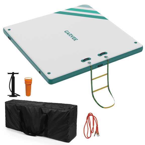 Heavy-Duty Inflatable Floating Dock Platform for Water Sports – Non-Slip Surface, Rope Ladder, Portable Water Mat Island for Pool, Beach, Ocean, Yoga, Sunbathing – 1.8 x 1.5m