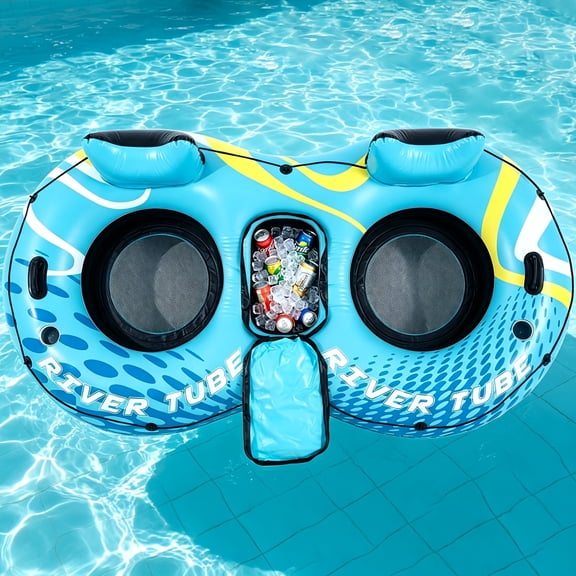 Heavy-Duty Inflatable River Pool Tube Float, Floating Lounge Raft with Cooler, Cup Holders And Supportive Backrest, Equipped with Durable Handles & Grab Rope, Suitable for River, Pool, Lake And Beach