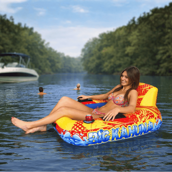 Heavy Duty Inflatable River Tube Float for Adults  Fabric Covered Pool & Lake Lounger Raft with Backrest & Cup Holder  Durable Underside Layer Protection for River, Beach - SKU PT2800
