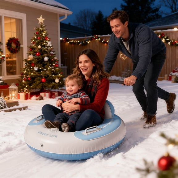 Heavy Duty Inflatable Snow Tube Sled, Round Winter Sledding Tube with Strong Handles, 34.3 Inch PVC Snow Tube for Hillside Playground Park, Fun Bear Theme Design for Outdoor Snow Tubing