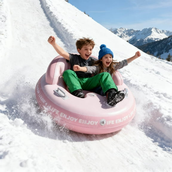 Heavy Duty Inflatable Snow Tube Sled, Round Winter Sledding Tube with Strong Handles, 34.3 Inch PVC Snow Tube for Hillside Playground Park, Fun Bear Theme Design for Outdoor Snow Tubing