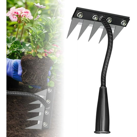 Heavy Duty Iron Weeding Rake, 5-Tooth Carbon Steel Garden Rake for Lawn & Farm Use