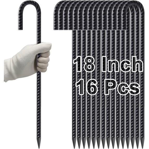 Heavy-Duty J-Hook Ground Anchors  18 Inch, 3/8 Inch Diameter Steel Stakes (16-Pack), Black, Chisel Point