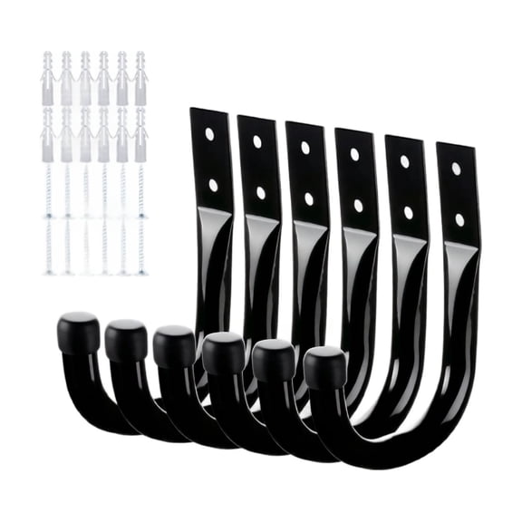 Heavy Duty J Hooks for Hanging with Mounting Screws, Set of 6, Black Metal, for Garage Wall Storage and Organization